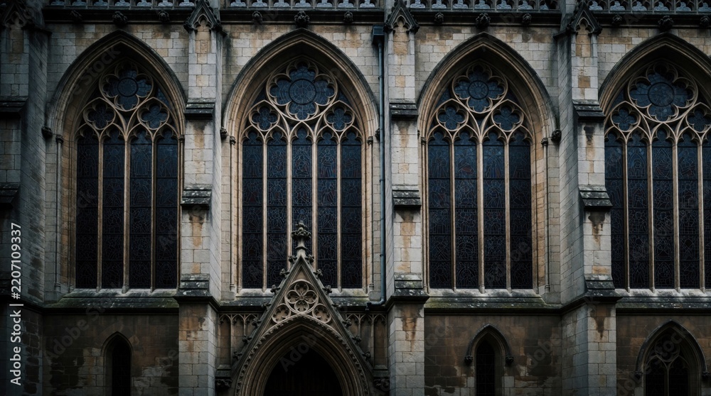 Obraz premium Gothic church facade with large stained glass windows, stone archways. Historic cathedral exterior shows ornate masonry, medieval architecture. Old building features intricate details, decorative