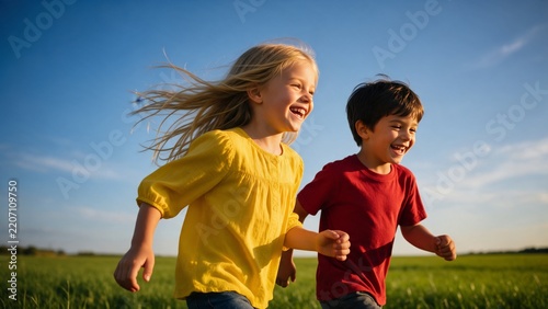 Felicidad en la infancia, niños felices corriendo y divirtiéndose en la naturaleza bajo el sol.