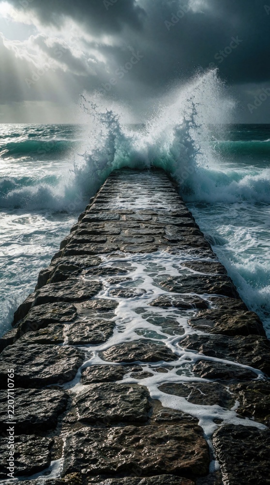 Fototapeta premium Powerful ocean waves crash over stone jetty during storm. Huge white sea spray splashes against breakwater structure. Dark moody clouds, sunlight rays shine through sky above rough turbulent water.