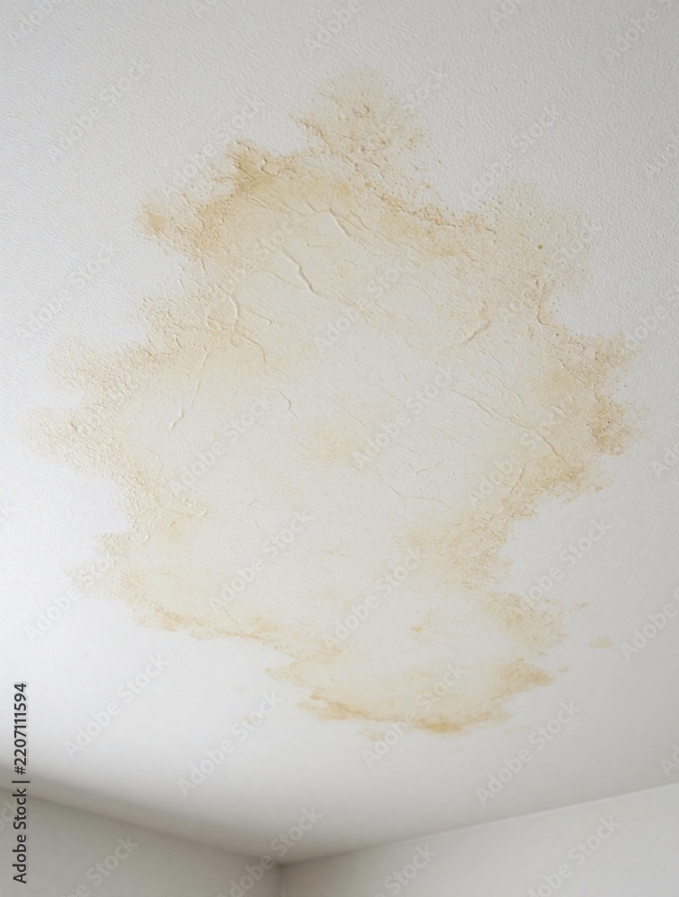 Fototapeta premium Large yellowish water stain on white indoor ceiling. Roof leak caused moisture damage, wet plaster spots in house. Home maintenance needed to fix ceiling leak, repair damage from heavy rain plumbing