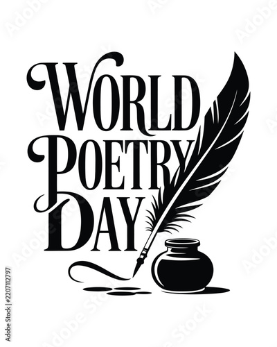 Poetry day lettering with quill pen and inkwell isolated on a clean white background surface