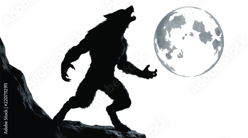 Ferocious werewolf silhouette howling fiercely toward the bright glowing full moon standing on steep cliff