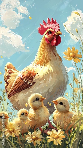 Adorable chicks following brown hen across bright farm landscape high resolution picture