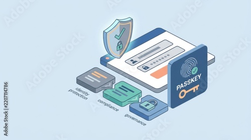 passkey business account authentication Isometric illustration of digital security with password, fingerprint, and encryption.