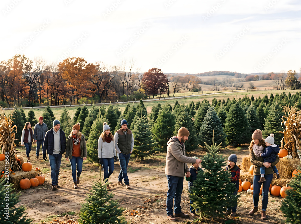 Obraz premium American families choosing Christmas trees at a rural farm during late autumn.