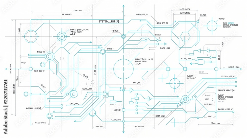 Obraz premium Futuristic Blue Circuit Board Schematic and Engineering Blueprint Background