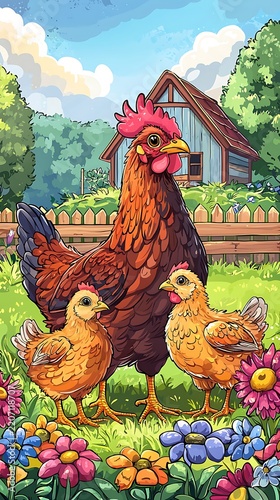 Beautiful chickens gathered together in vibrant countryside backyard garden high resolution picture