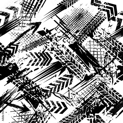 Abstract Grunge Sport Seamless Pattern with Tire Tracks, Stars, Arrows and Ink Splatters for Apparel Background