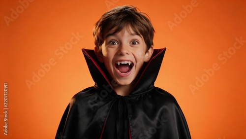 Excited young boy wearing spooky vampire costume with fangs and dark cape smiling happily during festive holiday celebration against vibrant orange studio background