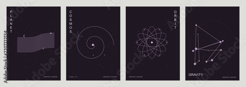 Abstract geometric poster set, dark purple minimalist vector collection, modern line art wall prints and cover templates