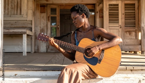 Young Black Woman Passionately Playing Acoustic Guitar on a Rustic Outdoor Porch