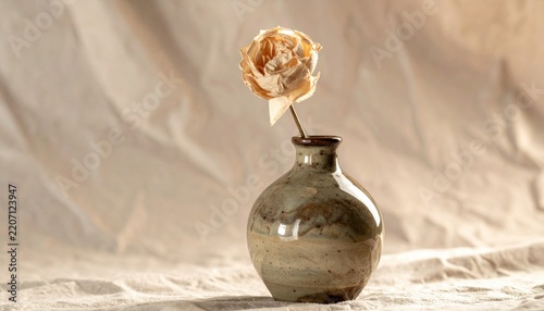 A delicate dried rose adorns a rustic ceramic vase on a textured fabric background