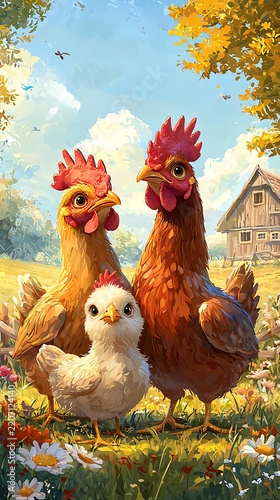 Colorful farmyard chickens surrounded by blooming flowers and green grass high resolution picture