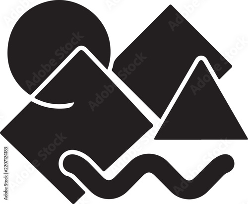 Abstract geometric composition featuring black shapes including circles triangles diamonds and wavy lines on white background