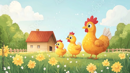 Colorful hen family enjoying peaceful backyard farm garden scene high resolution picture