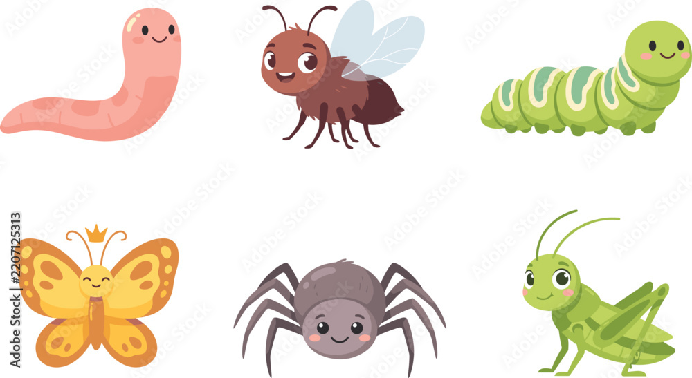 Obraz premium Cute insect cartoon characters vector collection featuring happy caterpillar butterfly worm spider fly and grasshopper for kids educational design isolated on white background