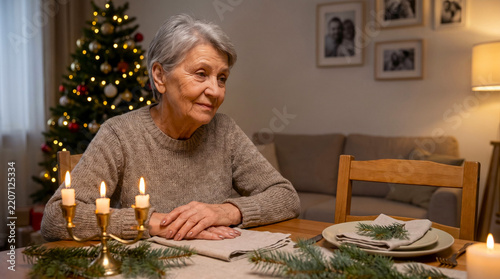 Elderly woman sitting alone at holiday dinner table with empty chairs.