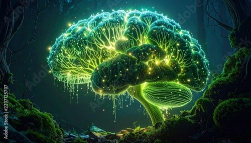 Fungal mycelium network taking the shape of a glowing human brain