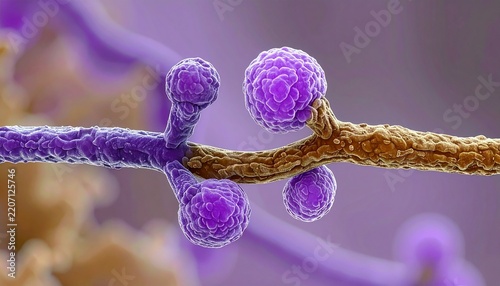 Illustration showing zygospore formation between two compatible hyphal strands in Zygomycota, symmetrical composition, muted violet and brown tones