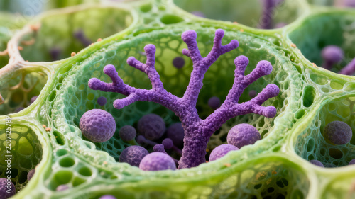 Microscopic rendering of arbuscules inside a plant root cell during mycorrhizal colonization, tree-branch-like fungal structures in violet against green plant cytoplasm