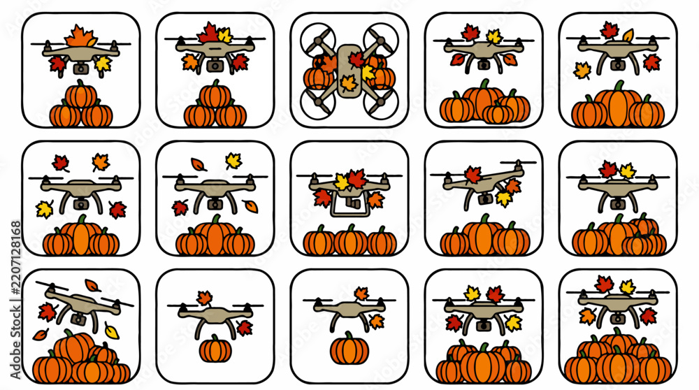 Fototapeta premium Flat Design Drone with Autumn Leaves and Pumpkins Icon Set, Vector Illustration of Flying Quadcopter and Fall Harvest Symbols, Graphic Resource Collection