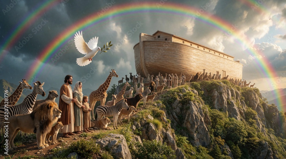 Obraz premium Biblical Noah ark sits on mountain top after great flood. Man woman, child stand with diverse wild animals under bright rainbow. White dove flies with olive branch in cloudy sky. Concept of faith