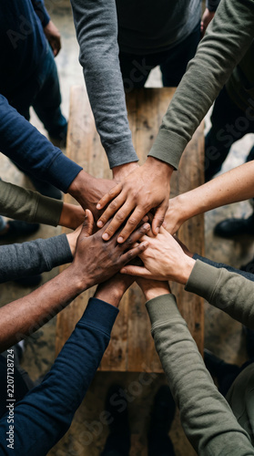 Multiethnic Group Of People Joining Hands In Unity Circle