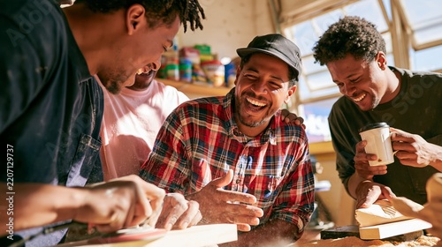 Four friends smiling and collaborating around a table with notebooks, papers, and a mug in a bright indoor shared workspace, candid community gathering