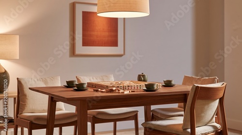 Mahjong table set with tiles and bowls in a warmly lit stylish apartment dining room with wooden furniture, upholstered chairs, framed artwork, and pendant lighting