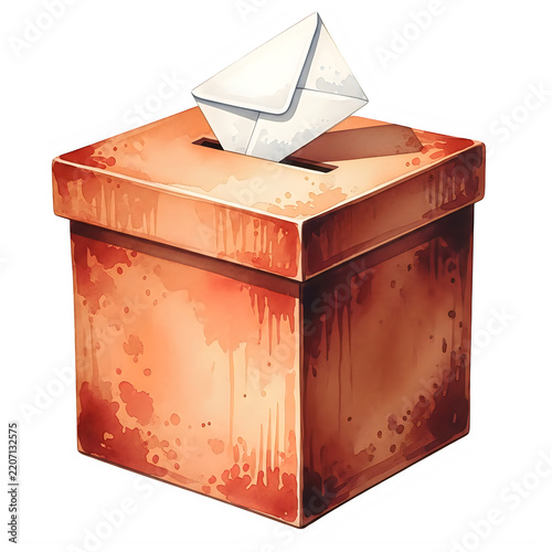 Vintage wooden ballot box with white paper ballot peeking out