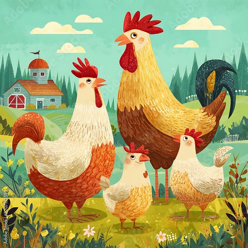 Friendly hen family standing near rustic farmhouse and colorful flowers high resolution picture