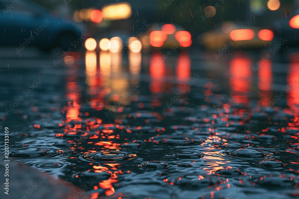 Fototapeta premium Raindrops hitting reflective flooded street with blurred vehicle lights in background