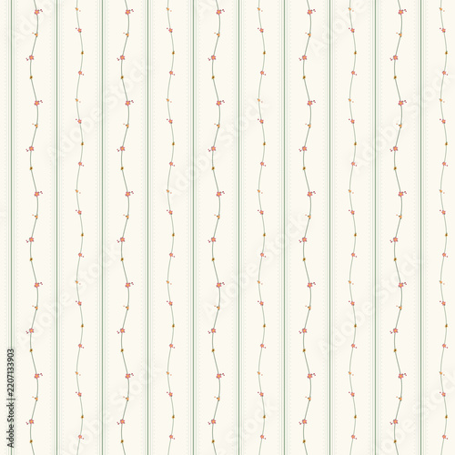 Delicate Vintage Floral Stripe Pattern with Small Flowers and Berries on a Cream Surface