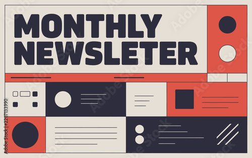Monthly newsletter header design with geometric shapes and typography