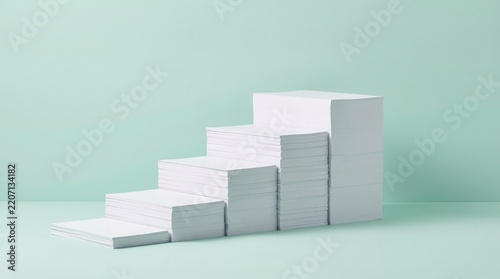 Clean minimalist arrangement of white paper reams forming an upward staircase on a serene mint green backdrop, representing steps towards growth, success, and financial progress