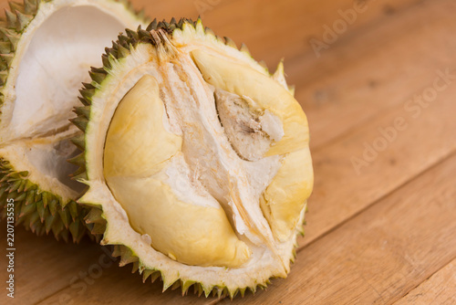 Close Up Durian Monthong on Black Wood Background 