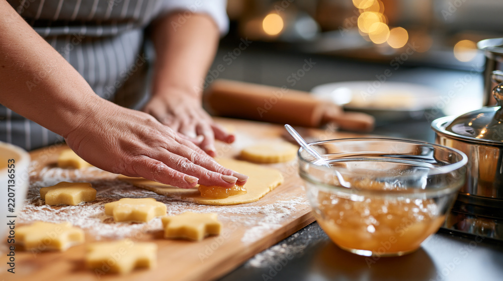 Fototapeta premium Homemade cookies with apple jam being prepared on a wooden kitchen board, cozy family baking detail shot, with copy space