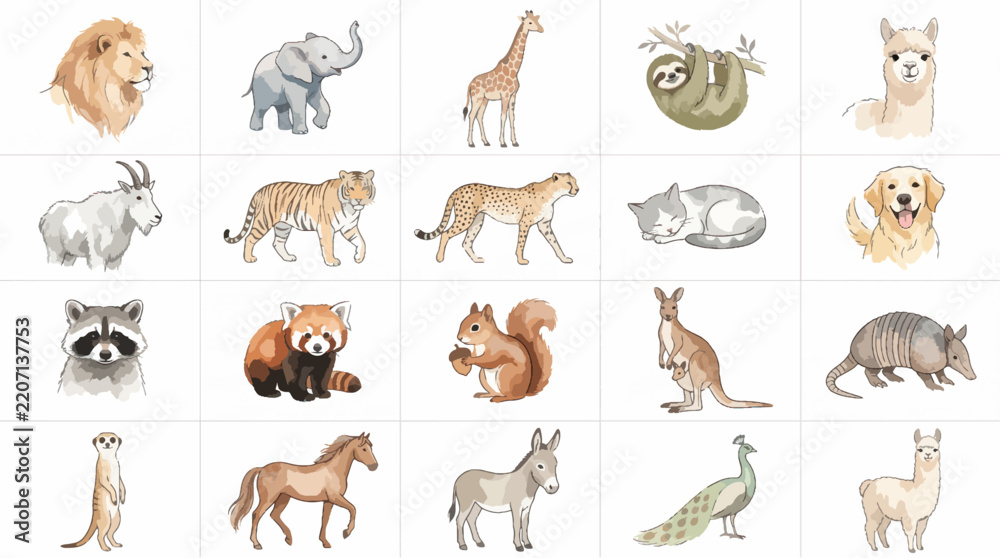 Obraz premium Watercolor Cute Animal Clipart Vector Set, Hand Painted Wild Animals and Domestic Pets Collection, Nursery Decor Illustrations