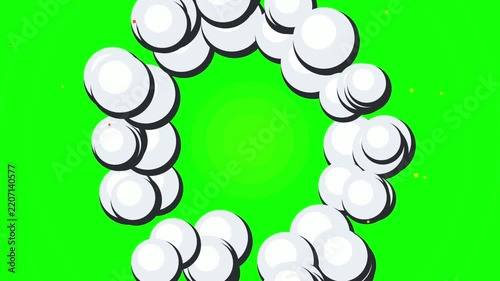 Cartoon Fiery Explosion Smoke Burst Stylized White Comic Book Smoke Ring and Bubbly Cloud Formation on Bright Green Background