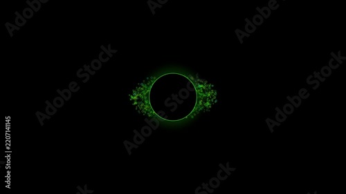 Sci fi quantum glowing green circular digital frame with particle black hole portal ring effects on a sleek black background for modern tech design