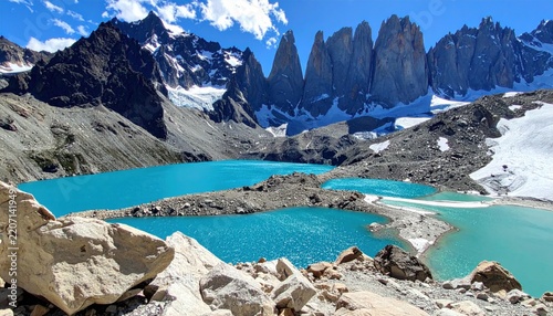 Vibrant turquoise glacial lakes fed by snow capped mountains in a rugged Patagonian landscape
