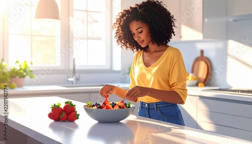 Young woman preparing a vibrant fruit salad in a bright, modern kitchen