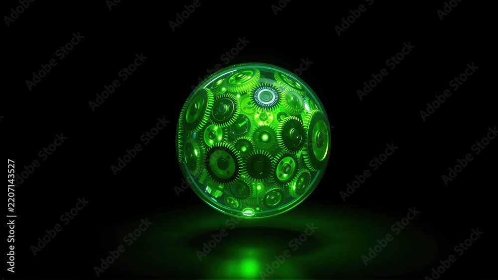 Obraz premium Glowing green sphere. Complex internal mechanisms visible. Dark background emphasizes bright object. Futuristic design, intricate details.
