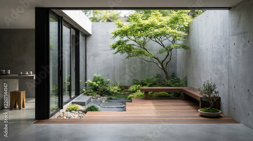 Modern minimalist courtyard with green tree and concrete walls in a luxury home garden