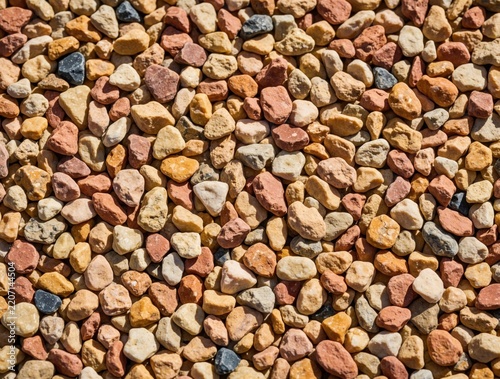 Close up view of colorful small stones. Multicolored gravel, pebbles create natural texture for landscaping. Natural rock aggregate lies on ground for garden decor, construction projects roadbed