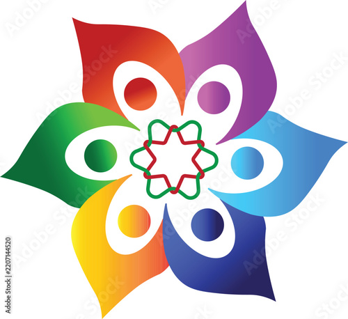 Colorful abstract floral vector illustration featuring vibrant rainbow petals and intricate interconnected geometric patterns inside