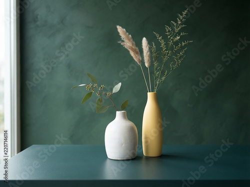 Two decorative ceramic vases with dried flowers on a green table against a dark grey wall