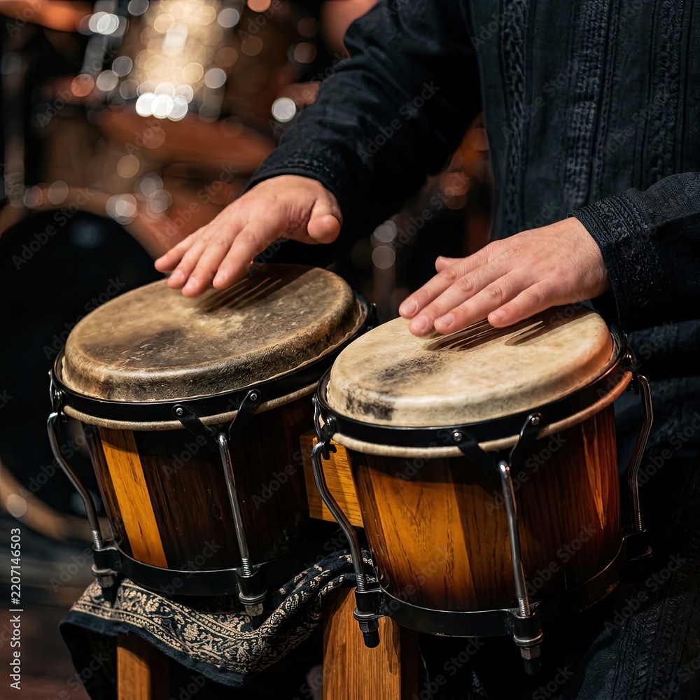 Obraz premium Hands playing bongo drums with a drummer in the background.