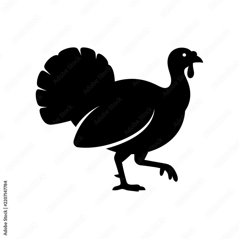 Fototapeta premium Thanksgiving turkey silhouette icon isolated on white background, perfect for autumn holiday greeting cards, festive banners, and farm design projects