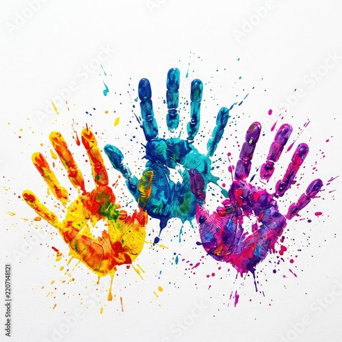 Colorful handprints splattered with paint against a white background.